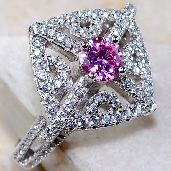 Estate 3ct Pink Sapphire & White Topaz RIng Sz7 - Picture 2 of 2